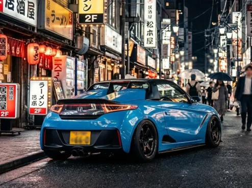 honda-s660-tuning-jdm-kei-car Um Honda S660 azul rebaixado em estilo JDM, estacionado em uma rua estreita de Tóquio, destacando seu design compacto e esportivo.
