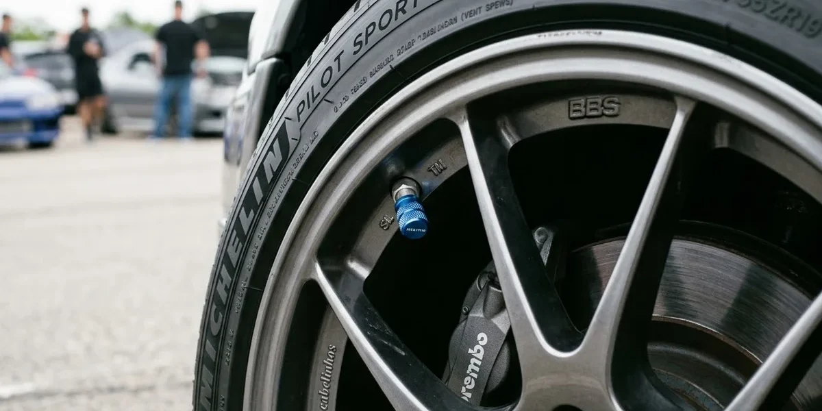 Detalhe de uma roda esportiva com tampa de válvula em alumínio azul, destacando a manutenção preventiva e estética automotiva.