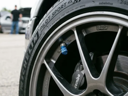 importancia-tampa-valvula-pneu-automobilismo Detalhe de uma roda esportiva com tampa de válvula em alumínio azul, destacando a manutenção preventiva e estética automotiva.