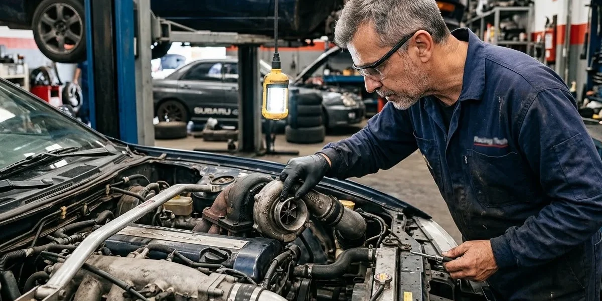 Especialista em mecânica realizando inspeção visual de folga no eixo de uma turbina de carro usado em uma oficina.