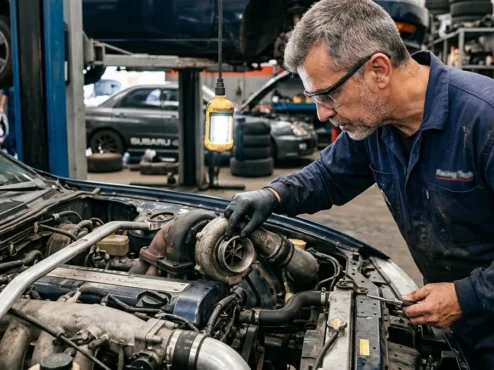 inspeção-tecnica-turbina-carro-usado Especialista em mecânica realizando inspeção visual de folga no eixo de uma turbina de carro usado em uma oficina.