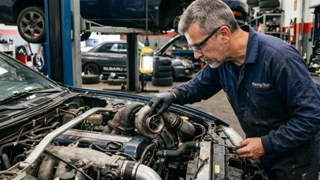 Especialista em mecânica realizando inspeção visual de folga no eixo de uma turbina de carro usado em uma oficina.
