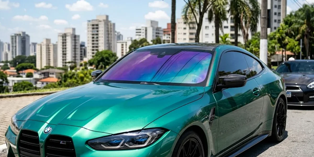 Carro esportivo com película camaleão no parabrisa apresentando variações de tons roxo e azul sob a luz solar.