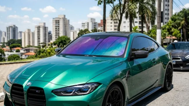 Carro esportivo com película camaleão no parabrisa apresentando variações de tons roxo e azul sob a luz solar.