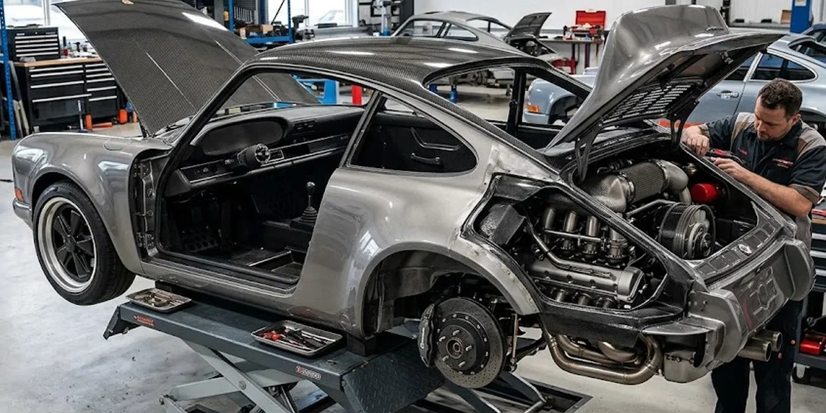 projeto-restomod-porsche-911-singer-style-detalhes-mecanicos Um Porsche 911 clássico em processo de restomod, exibindo motor moderno e acabamento em fibra de carbono.