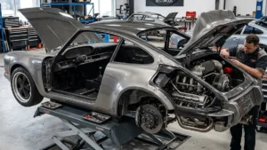 Um Porsche 911 clássico em processo de restomod, exibindo motor moderno e acabamento em fibra de carbono.