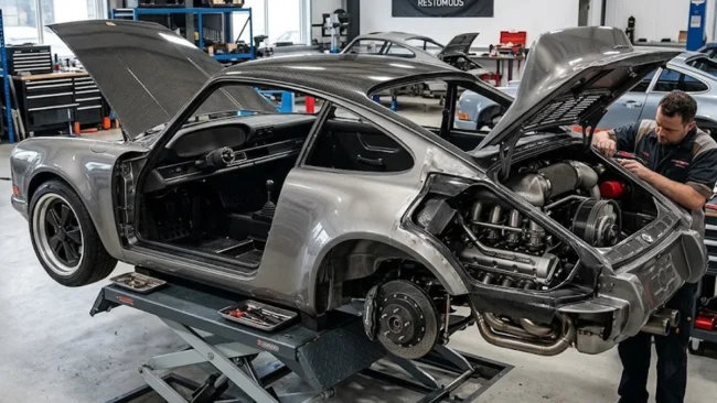 Um Porsche 911 clássico em processo de restomod, exibindo motor moderno e acabamento em fibra de carbono.