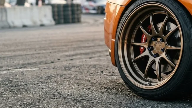 Close-up de uma roda esportiva com borda profunda apresentando estilo poke, saindo levemente da linha do para-lama do carro.