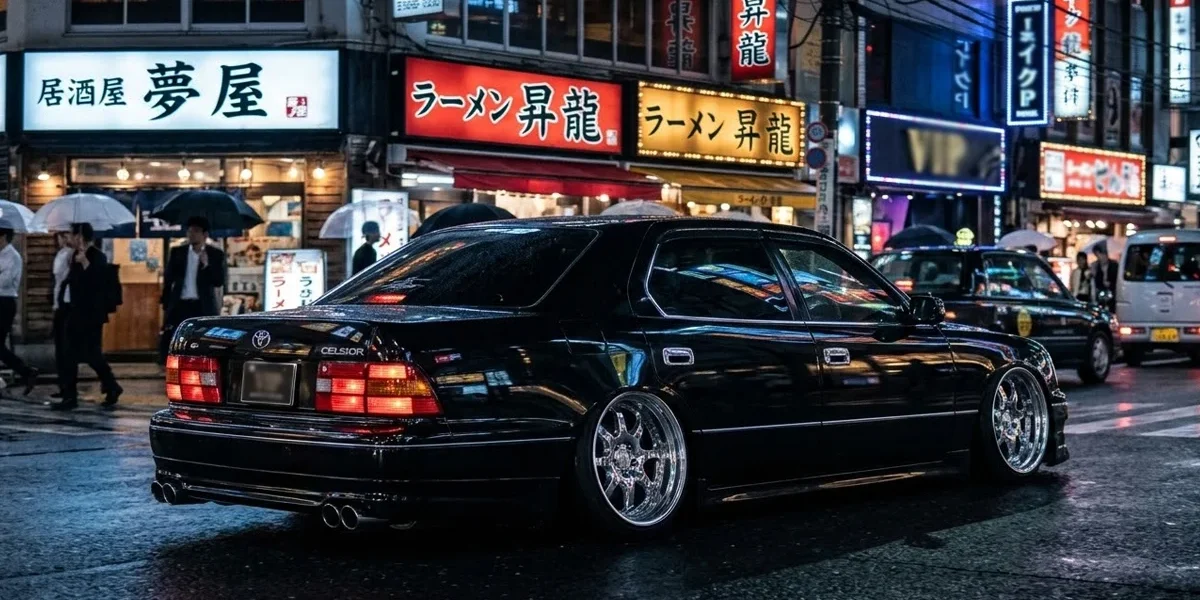 Sedã de luxo Toyota Celsior preto rebaixado no estilo VIP com rodas cromadas profundas e camber negativo em uma rua de Tóquio.