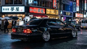 Sedã de luxo Toyota Celsior preto rebaixado no estilo VIP com rodas cromadas profundas e camber negativo em uma rua de Tóquio.