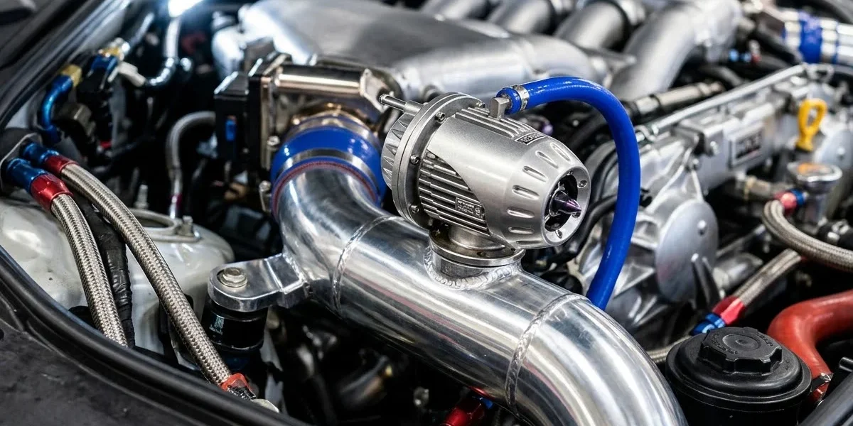 Válvula de prioridade HKS SSQV instalada em um motor preparado, destacando o acabamento metálico e a mangueira de vácuo.