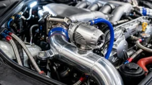 Válvula de prioridade HKS SSQV instalada em um motor preparado, destacando o acabamento metálico e a mangueira de vácuo.