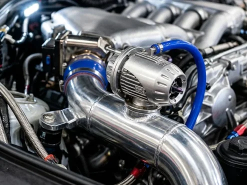 valvula-prioridade-blow-off-hks-motor-turbo Válvula de prioridade HKS SSQV instalada em um motor preparado, destacando o acabamento metálico e a mangueira de vácuo.