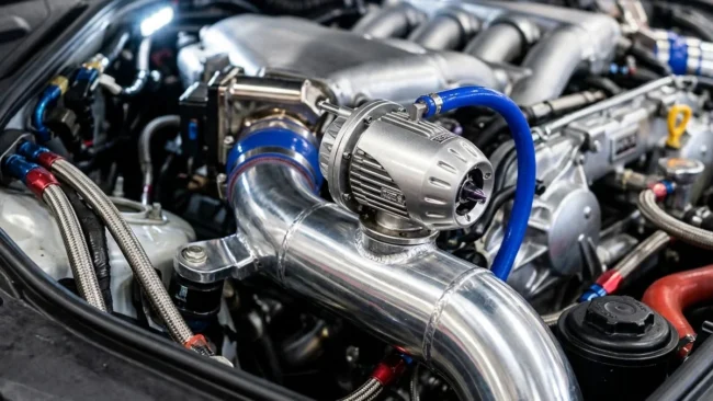 Válvula de prioridade HKS SSQV instalada em um motor preparado, destacando o acabamento metálico e a mangueira de vácuo.