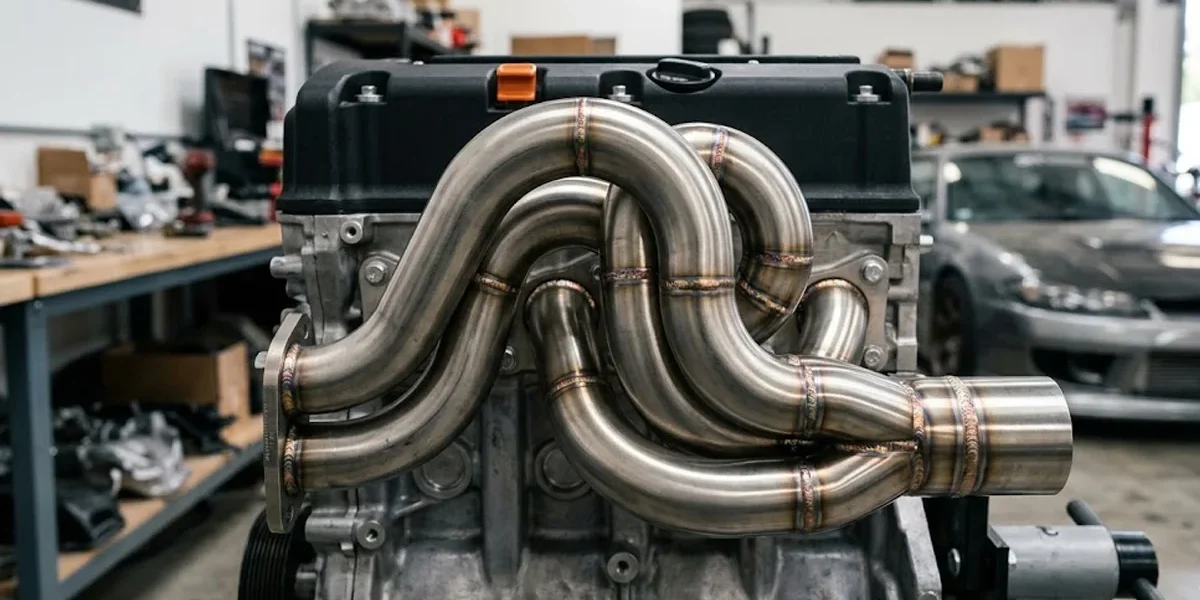 Coletor de escape dimensionado em aço inox 304 com solda TIG, demonstrando as curvas tipo mandrel bend para alta performance.