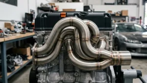 Coletor de escape dimensionado em aço inox 304 com solda TIG, demonstrando as curvas tipo mandrel bend para alta performance.