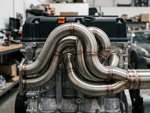 Coletor de escape dimensionado em aço inox 304 com solda TIG, demonstrando as curvas tipo mandrel bend para alta performance.