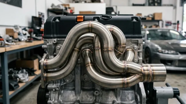 Coletor de escape dimensionado em aço inox 304 com solda TIG, demonstrando as curvas tipo mandrel bend para alta performance.