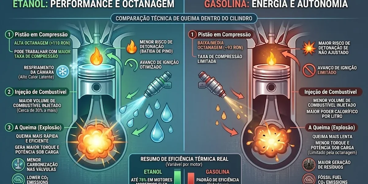 Infográfico comparando a eficiência da queima do etanol vs gasolina em um cilindro de motor de combustão interna.