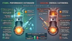 Infográfico comparando a eficiência da queima do etanol vs gasolina em um cilindro de motor de combustão interna.
