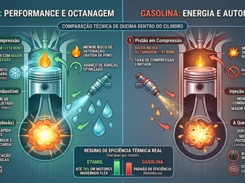 Infográfico comparando a eficiência da queima do etanol vs gasolina em um cilindro de motor de combustão interna.