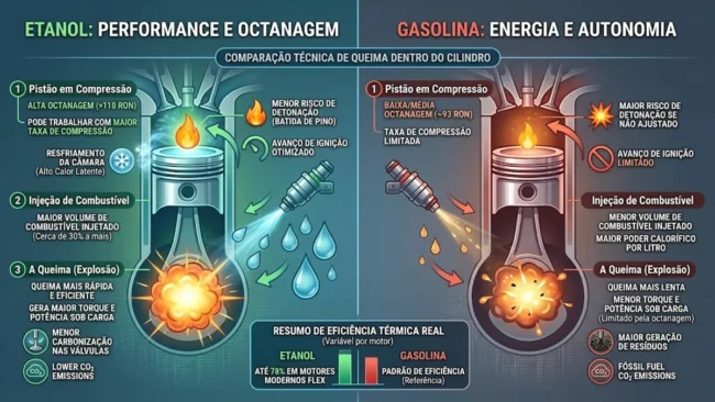 comparativo-consumo-etanol-gasolina-fluxo-combustao Infográfico comparando a eficiência da queima do etanol vs gasolina em um cilindro de motor de combustão interna.