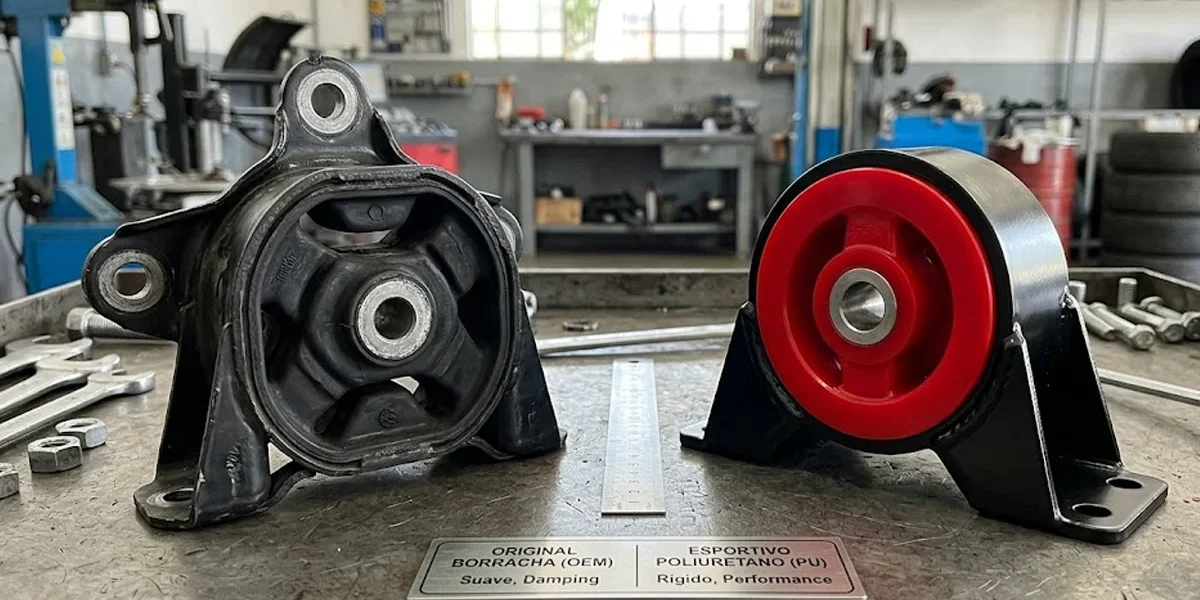 comparativo-coxim-motor-original-vs-poliuretano-performance Comparação visual entre um coxim de motor original de borracha e um coxim esportivo de poliuretano de alta densidade.