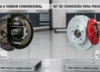 Comparativo visual entre um sistema de freio a tambor convencional e um kit de conversão para freio a disco traseiro.