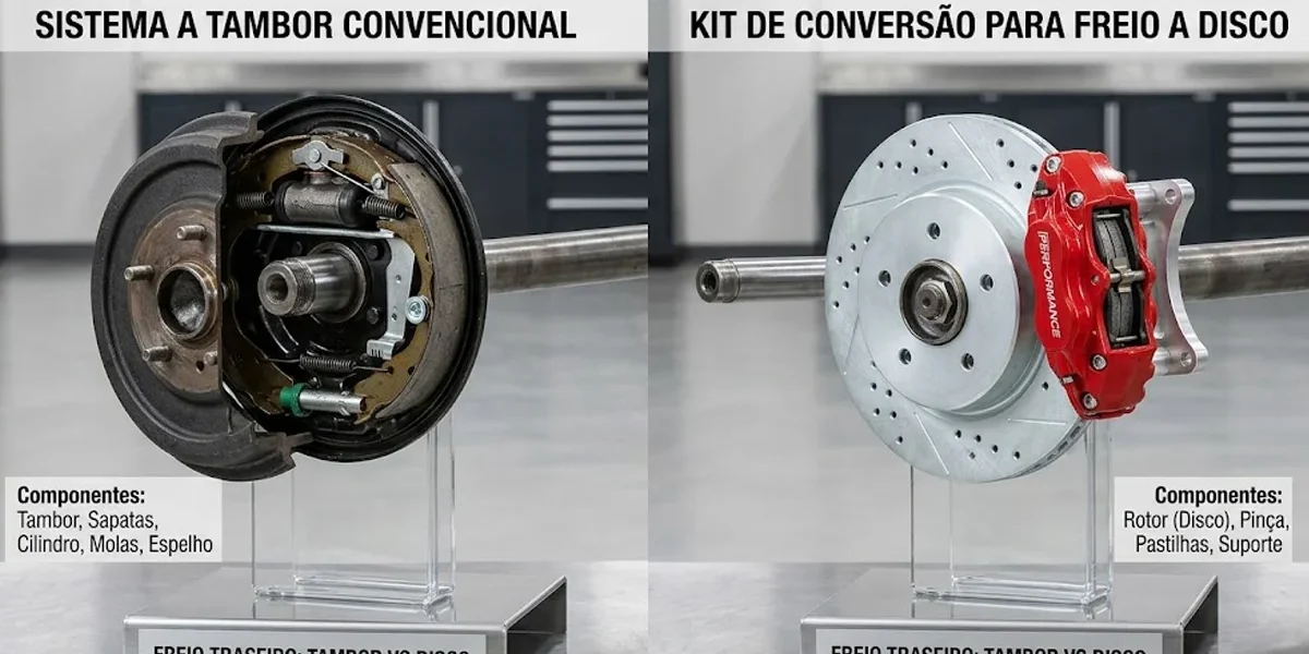 comparativo-freio-disco-traseiro-carro-popular Comparativo visual entre um sistema de freio a tambor convencional e um kit de conversão para freio a disco traseiro.
