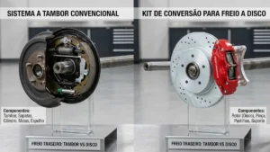 Comparativo visual entre um sistema de freio a tambor convencional e um kit de conversão para freio a disco traseiro.