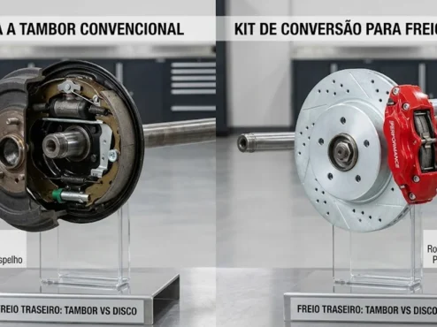 Comparativo visual entre um sistema de freio a tambor convencional e um kit de conversão para freio a disco traseiro.