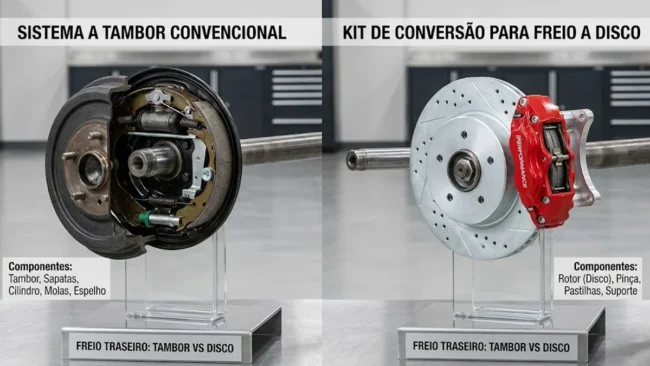 comparativo-freio-disco-traseiro-carro-popular Comparativo visual entre um sistema de freio a tambor convencional e um kit de conversão para freio a disco traseiro.