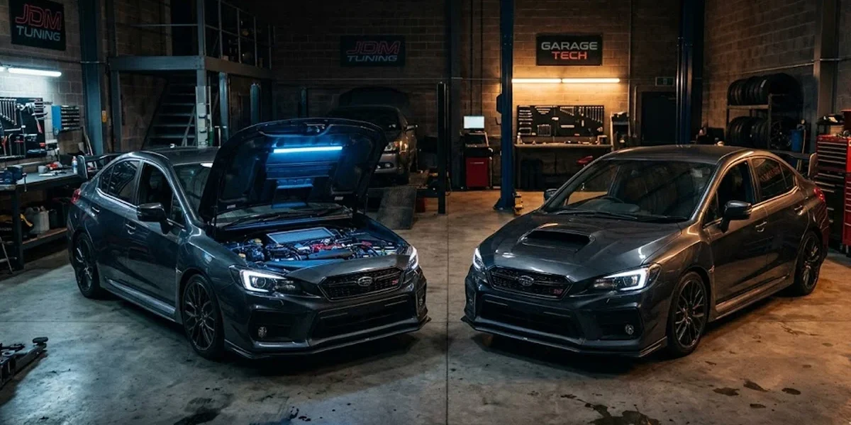 Dois carros esportivos idênticos cinzas em uma garagem técnica, um com capô aberto ilustrando diferenças mecânicas.