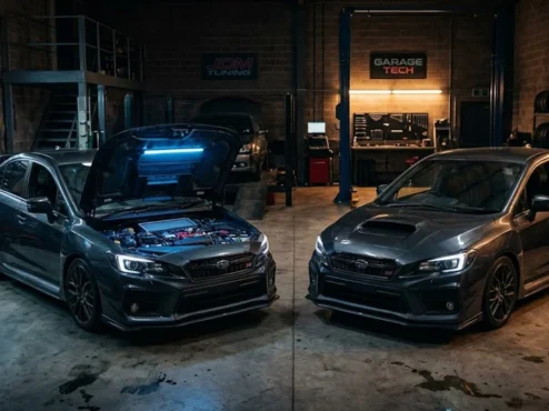 Dois carros esportivos idênticos cinzas em uma garagem técnica, um com capô aberto ilustrando diferenças mecânicas.