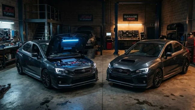 comparativo-performance-carros-identicos-garagem Dois carros esportivos idênticos cinzas em uma garagem técnica, um com capô aberto ilustrando diferenças mecânicas.