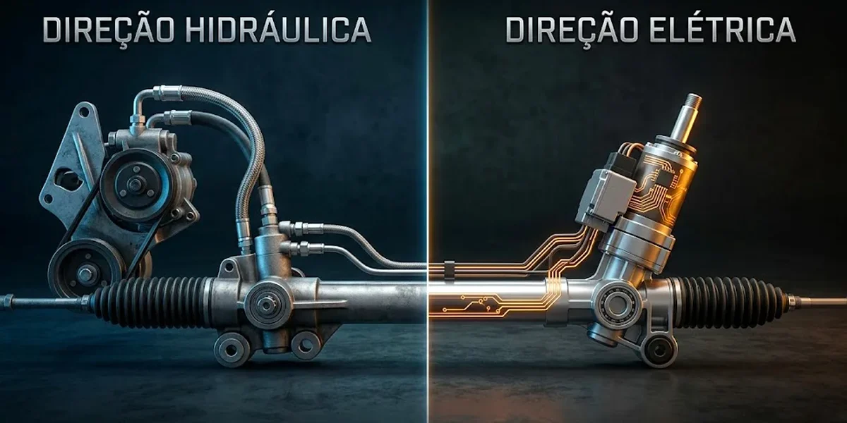 comparativo-sistemas-direcao-automotiva-mecanica Comparativo técnico entre uma caixa de direção hidráulica com mangueiras e uma caixa de direção elétrica moderna com motor integrado.