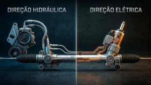Comparativo técnico entre uma caixa de direção hidráulica com mangueiras e uma caixa de direção elétrica moderna com motor integrado.
