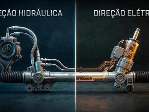 Comparativo técnico entre uma caixa de direção hidráulica com mangueiras e uma caixa de direção elétrica moderna com motor integrado.