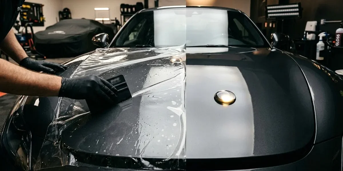 Comparação visual entre aplicação de película PPF e gotas hidrofóbicas de vitrificador em um capô de carro esportivo.