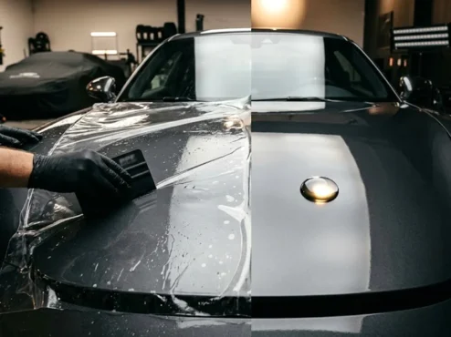 Comparação visual entre aplicação de película PPF e gotas hidrofóbicas de vitrificador em um capô de carro esportivo.
