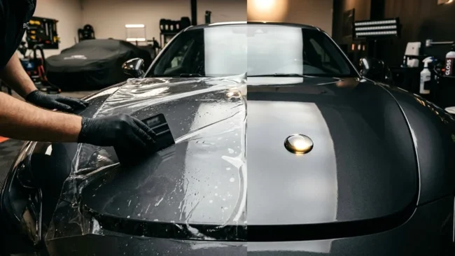 Comparação visual entre aplicação de película PPF e gotas hidrofóbicas de vitrificador em um capô de carro esportivo.