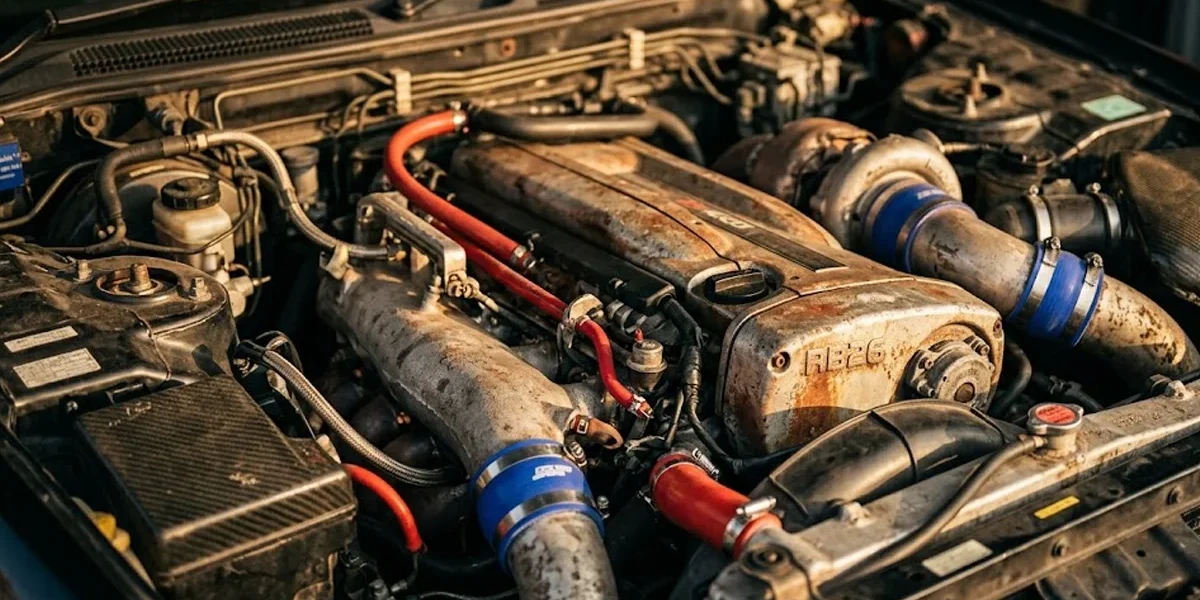 Detalhe de um motor de alta quilometragem com peças de reposição novas, simbolizando manutenção e restauração mecânica.