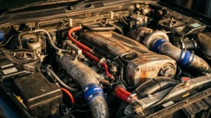 Detalhe de um motor de alta quilometragem com peças de reposição novas, simbolizando manutenção e restauração mecânica.