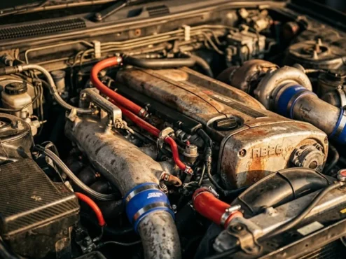 Detalhe de um motor de alta quilometragem com peças de reposição novas, simbolizando manutenção e restauração mecânica.