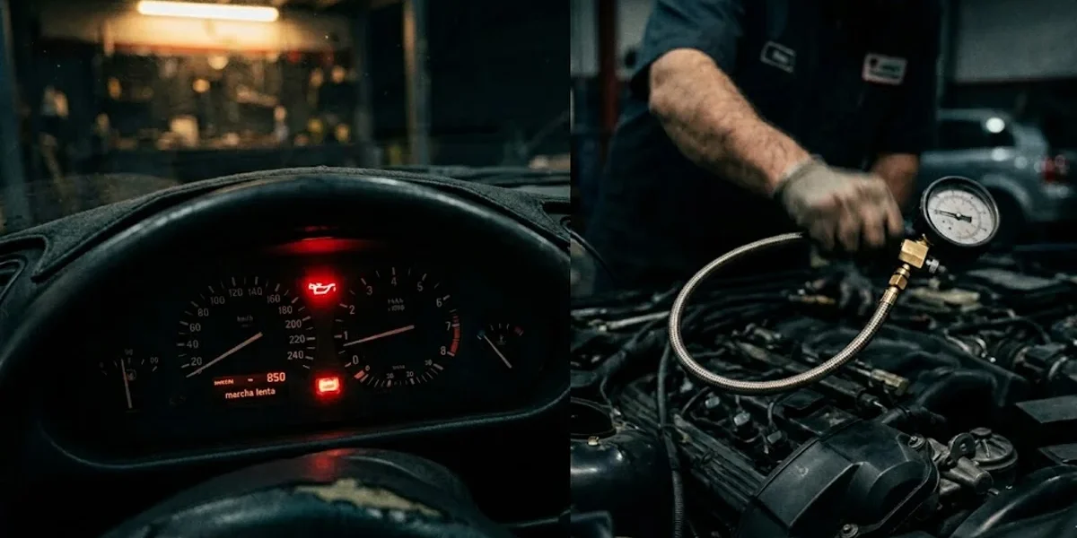 Luz de advertência da pressão do óleo acesa no painel de um carro com motor em marcha lenta e diagnóstico mecânico ao fundo.
