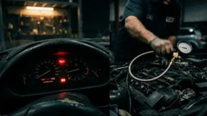 Luz de advertência da pressão do óleo acesa no painel de um carro com motor em marcha lenta e diagnóstico mecânico ao fundo.