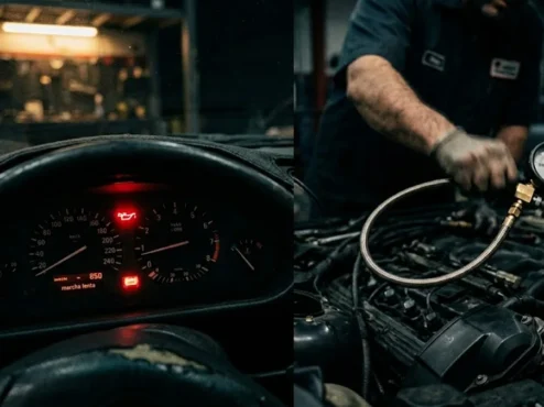 Luz de advertência da pressão do óleo acesa no painel de um carro com motor em marcha lenta e diagnóstico mecânico ao fundo.