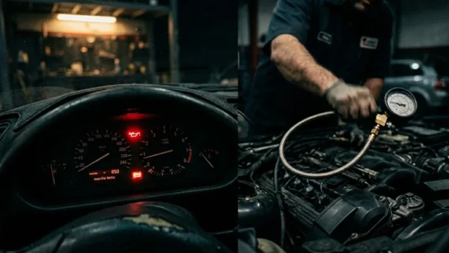 Luz de advertência da pressão do óleo acesa no painel de um carro com motor em marcha lenta e diagnóstico mecânico ao fundo.