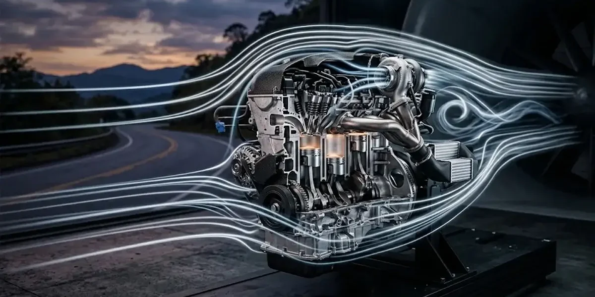 Ilustração técnica de um motor moderno com linhas de fluxo de ar, representando a eficiência térmica e aerodinâmica automotiva.