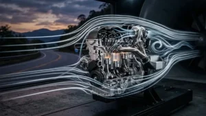 Ilustração técnica de um motor moderno com linhas de fluxo de ar, representando a eficiência térmica e aerodinâmica automotiva.